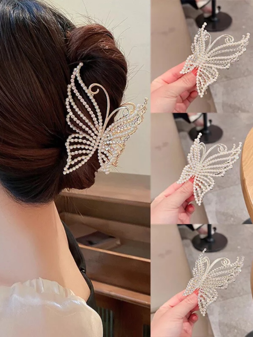 Women Pearl Rhinestone Butterfly Hair Claw Clip Hair Crab Barrette Ponytail Clip